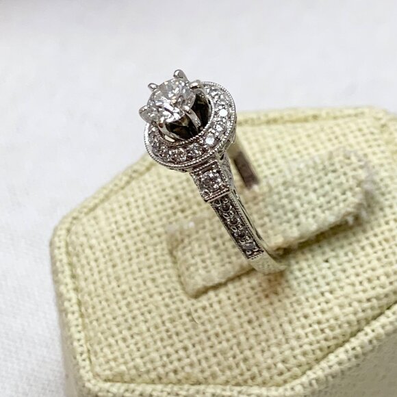 18K White Gold Natural Diamond Engagement Ring Halo Design Filigree Shoulders Ri - Picture 8 of 16